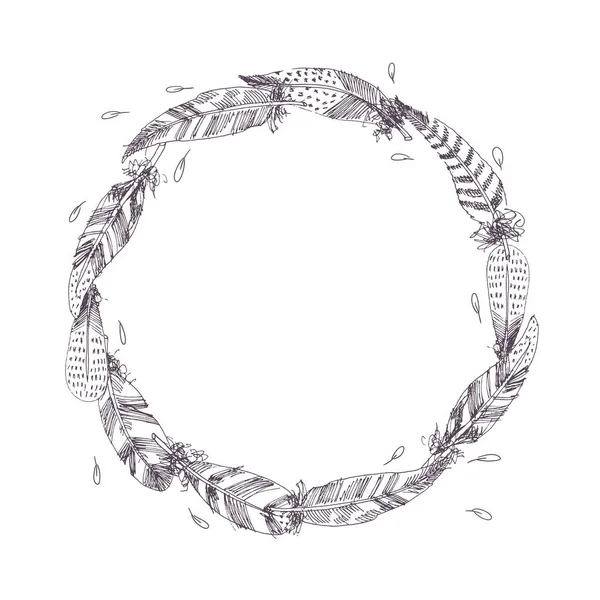 Corona di piuma vettoriale disegnata a mano in bianco e nero — Vettoriale Stock