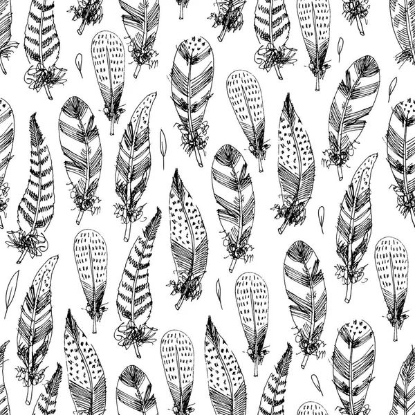 Seamless pattern of hand drawn vector black and white feather — Stock Vector