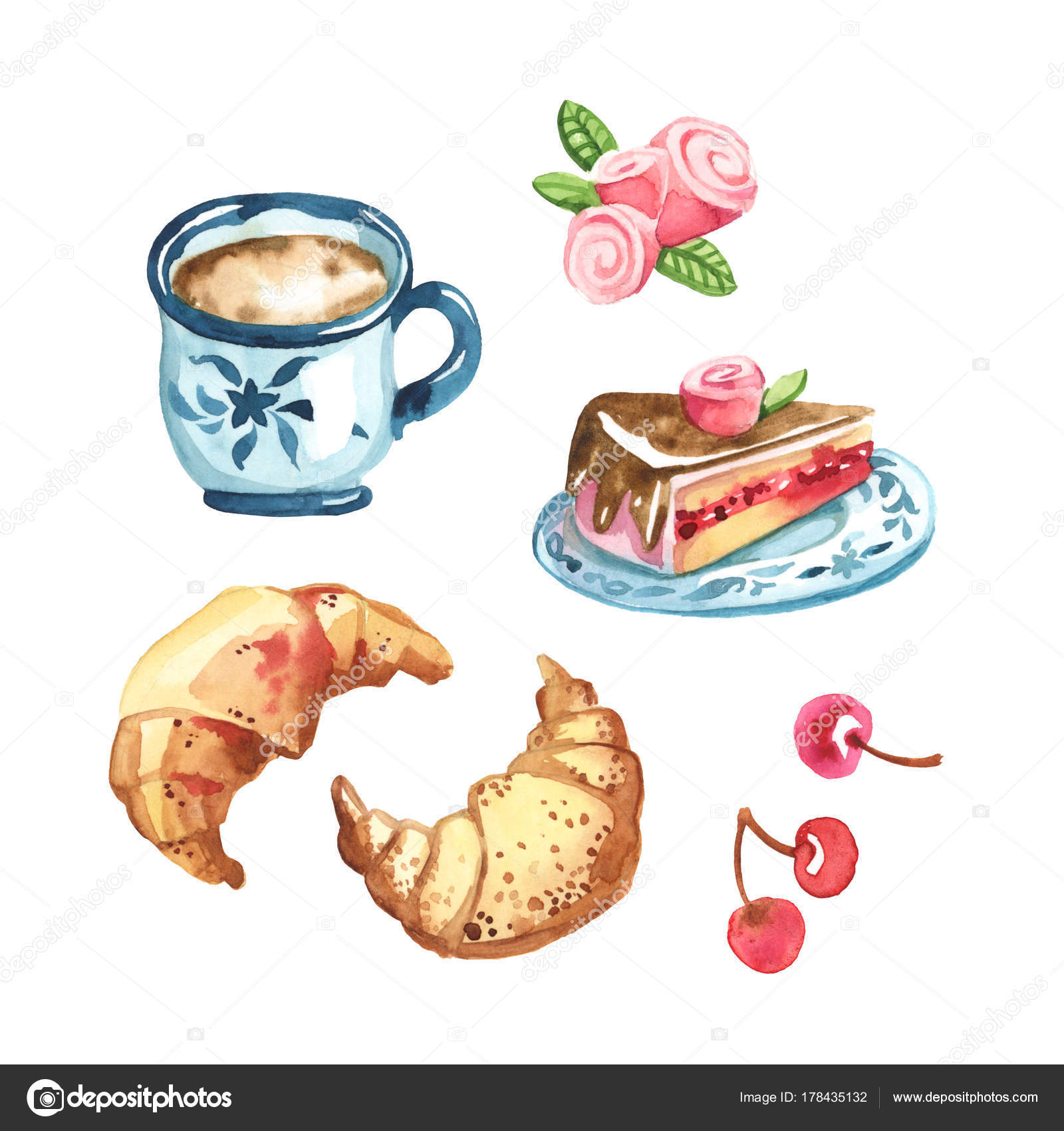 Blue Sandwich Cake On The Dish Cup Of Coffe And Croissant Stock Photo Blue Sandwich Cake On The Dish Cup Of Coffe And Croissant Stock Photo