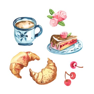 Mavi sandviç pasta tabak, bardak kahve ve kruvasan