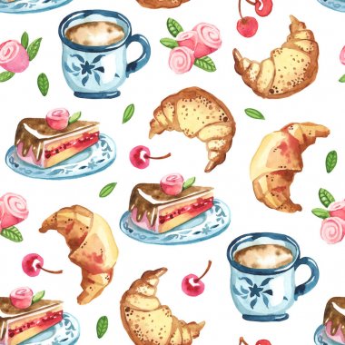 Dikişsiz desen sandviç pasta yemek, kahve fincan üzerinde bir