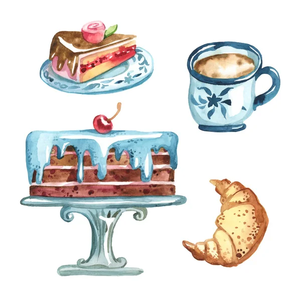 Mavi higt yemek, kahve fincan pastaya sandviç, dilim kek bir — Stok fotoğraf