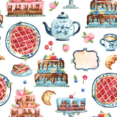 Dikişsiz desen sandviç pasta yemek, kahve fincan üzerinde bir