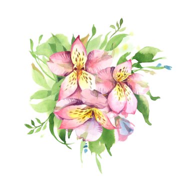 Buket Pembe çiçek beyaz arkasında izole yeşil yaprakları ile