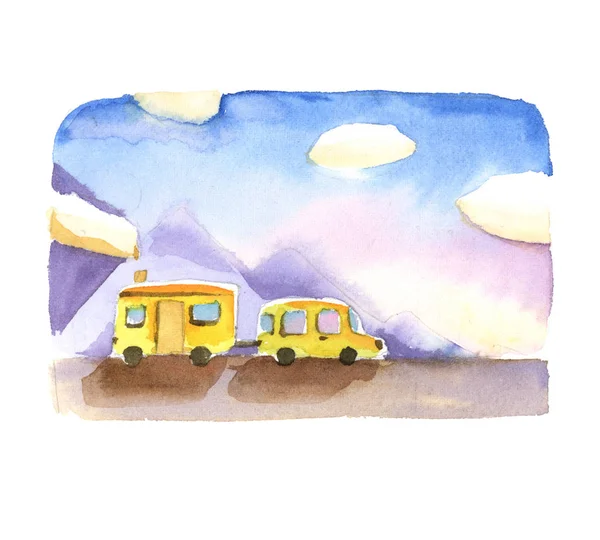 Watercolor landscape with mountains, road, yellow car and house — Stock Photo, Image