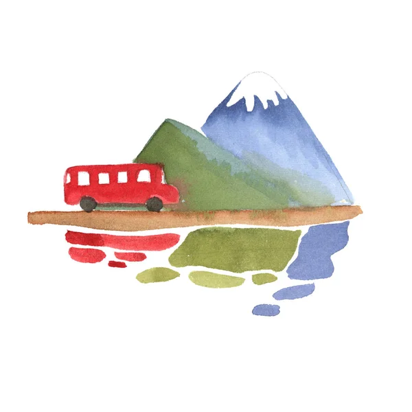 Акварельный пейзаж с горами, дороги и красный автобус — стоковое фото