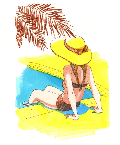 Вид ззаду жінка моди на літніх канікулах розслабляється в басейні — стокове фото