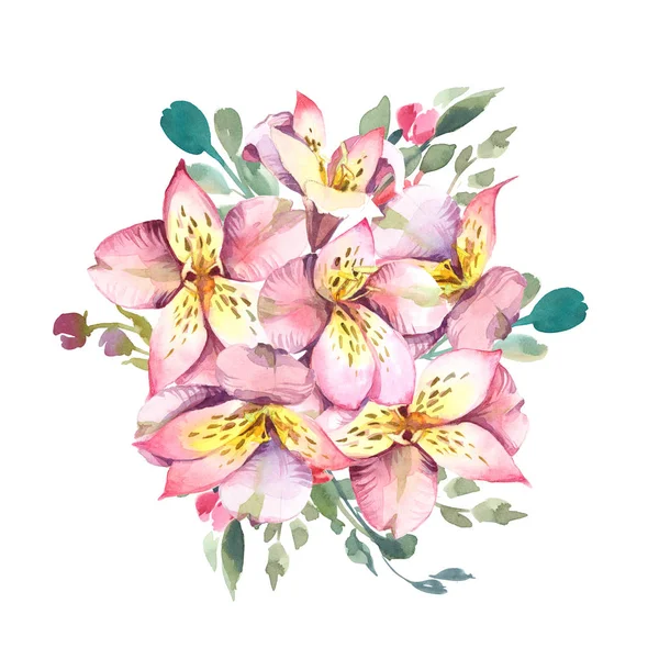 Bukiet z różowe kwiaty z zielonych liści na białym tle na biały tył — Zdjęcie stockowe