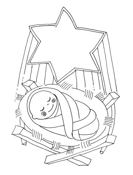 Vector illustartion for coloring book. Little baby Jesus lies in — Stock Vector