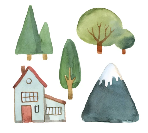 木、家、wh に分離されたブルー ・ マウンテンズの水彩セット — ストック写真
