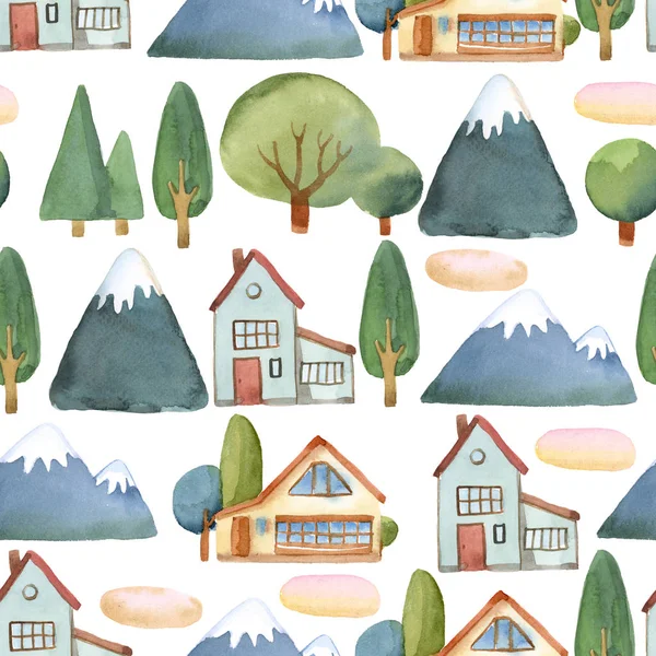 Watercolor seamless pattern of flat set of trees, house and blue