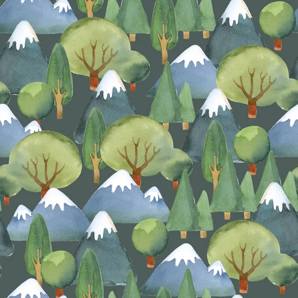 Акварельний безшовний візерунок плоского набору дерев і синьої гори — стокове фото