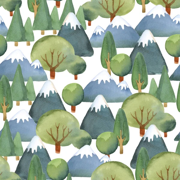 Акварельний безшовний візерунок плоского набору дерев і синьої гори — стокове фото