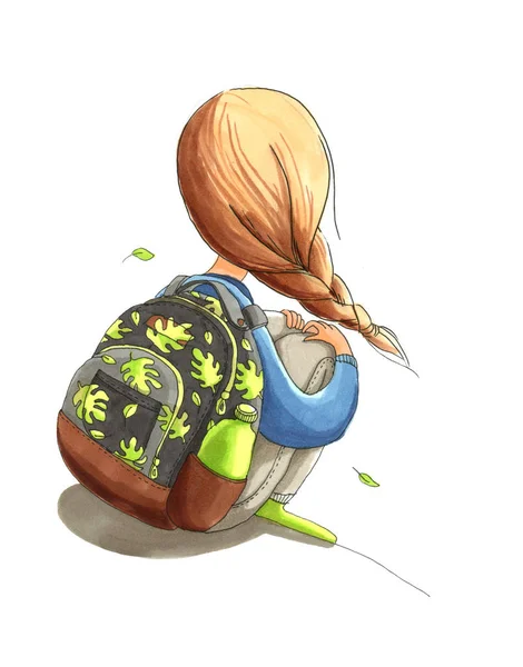 A menina com cabelo castanho está sentada com mochila brilhante — Fotografia de Stock