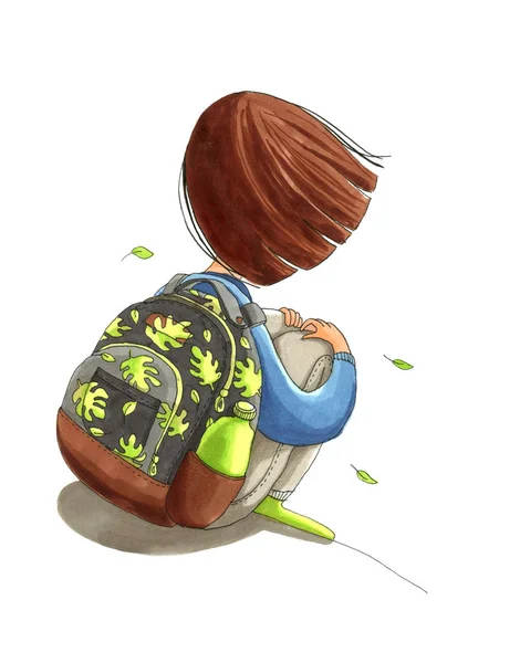 The girl with brown hair is sitting with bright backpack — Stock Photo, Image