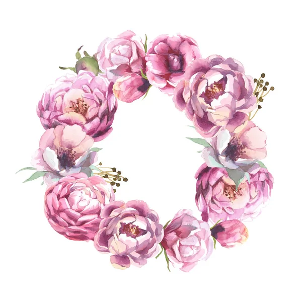 Watercolor romantic wreath of rose peony flower isolated on whit — Stock Photo, Image