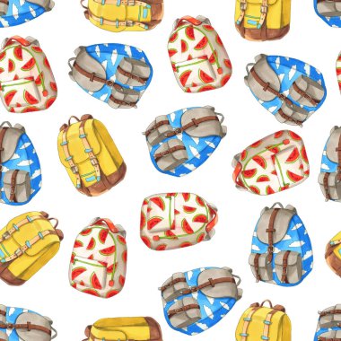 Kırmızı kavun ans bulutlar ile renkli sırt çantaları seamless modeli