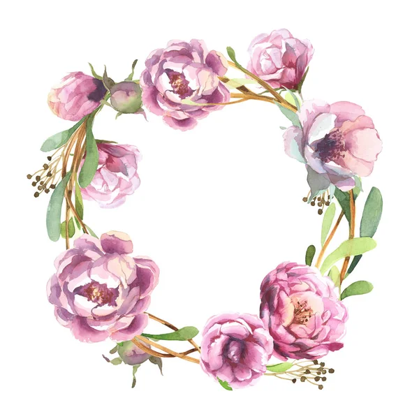 聖霊降臨祭に分離されたバラ牡丹の花の水彩画のロマンチックな花輪 — ストック写真