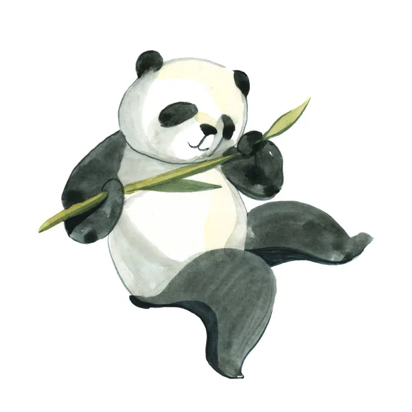 Watercolor panda is holding the bamboo branch
