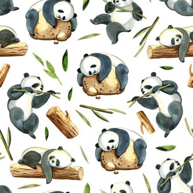 Sulu Boya Dikişsiz desen farklı panda ve yaprakları