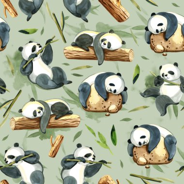 Sulu Boya Dikişsiz desen farklı panda ve yaprakları
