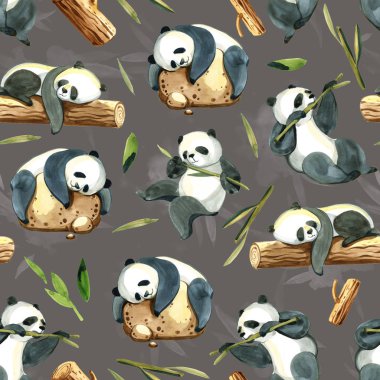 Sulu Boya Dikişsiz desen farklı panda ve yaprakları