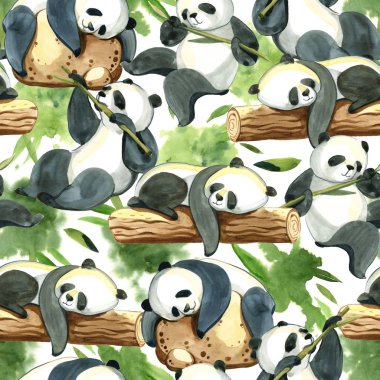 Sulu Boya Dikişsiz desen farklı panda ve yaprakları