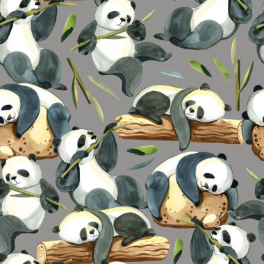 Sulu Boya Dikişsiz desen farklı panda ve yaprakları