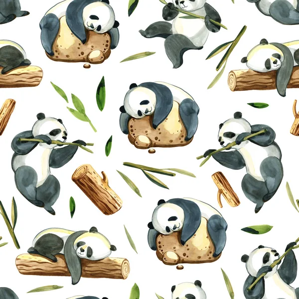 Watercolor seamless pattern of different panda and leaves