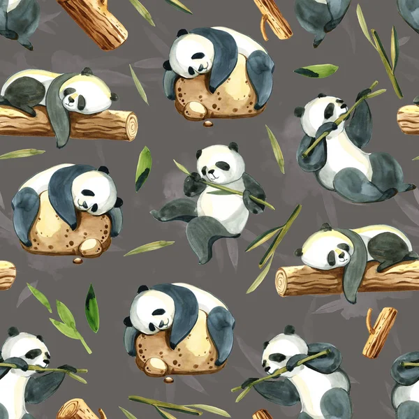 Aquarell nahtloses Muster verschiedener Pandas und Blätter — Stockfoto