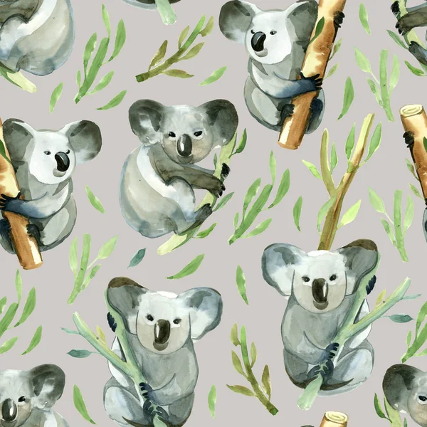 Nahtloses Muster aus Aquarell Koala hält den Bambuszweig — Stockfoto
