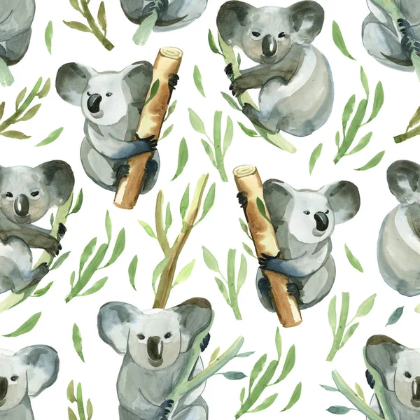 Modèle sans couture de koala aquarelle tient la branche de bambou — Photo