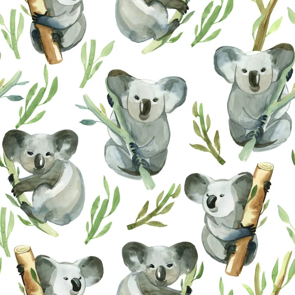 Patrón sin costura de acuarela koala está sosteniendo la rama de bambú — Foto de Stock