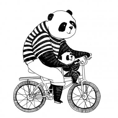 Siyah ve beyaz t-shirt ile bisikletle Bisiklete binme baba panda 