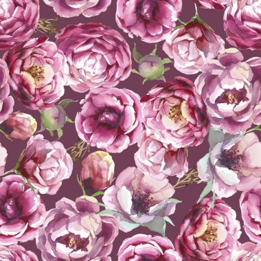  koyu arka plan üzerine suluboya mavi ve kırmızı peonies paterni