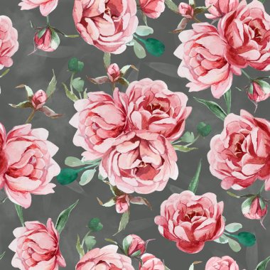 Suluboya, gül, pembe ve kırmızı peonies ve le sonsuz desen