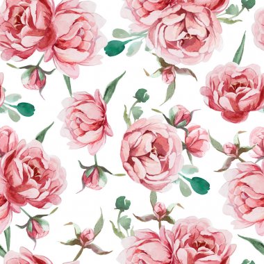 Suluboya, gül, pembe ve kırmızı peonies ve l Dikişsiz desen