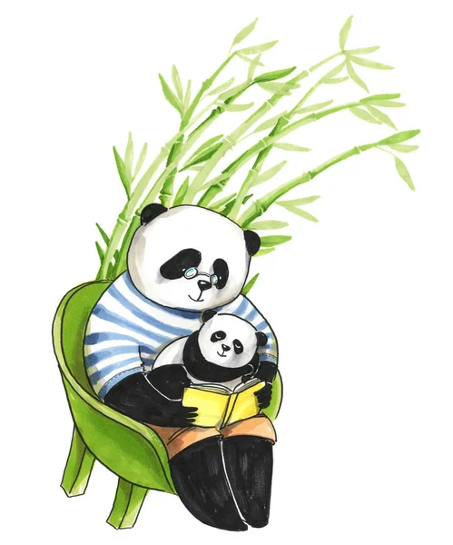 Father panda in t-short sitting on chair and reading a book to h