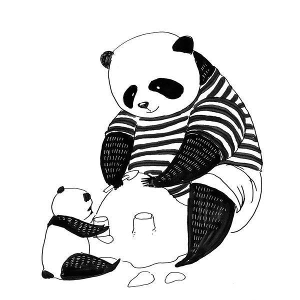 Far panda i svart och vit t-shirt att göra sandslott med — Stockfoto