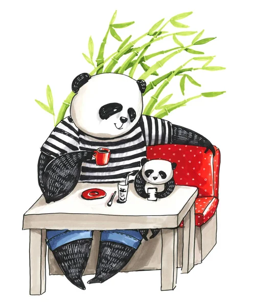 Far panda i svart och vit t-shirt som sitter på café och drin — Stockfoto