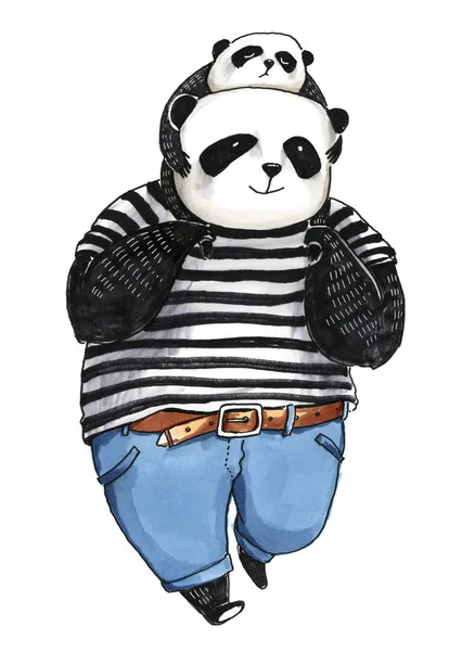 Far panda i svart och vit t-shirt kommer långt en promenad med Hej — Stockfoto