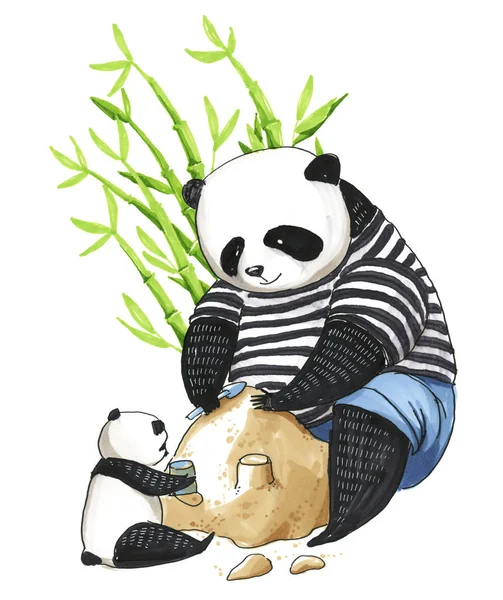 Father panda in black and white t-shirt making sand castle with 