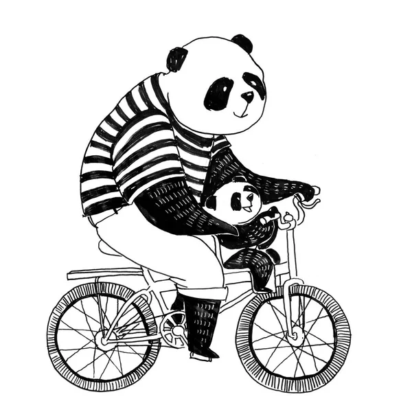 Far panda i svart och vit t-shirt cykling cykel med — Stockfoto