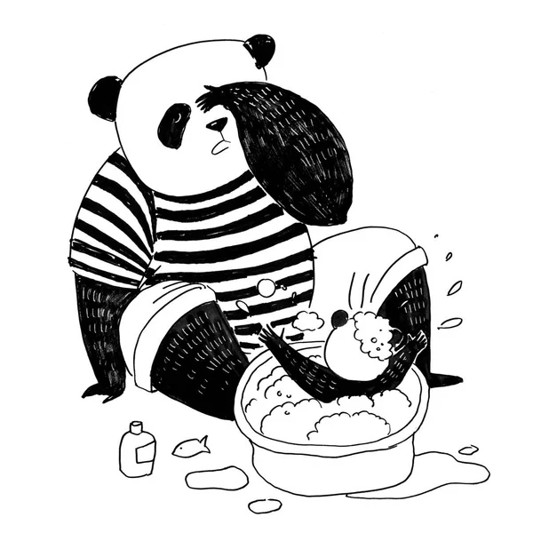 Father panda in black and white t-shirt bathes in the basin his