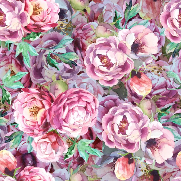 Seamless pattern of watercolor pink and red peonies and leaves — Stock Photo, Image