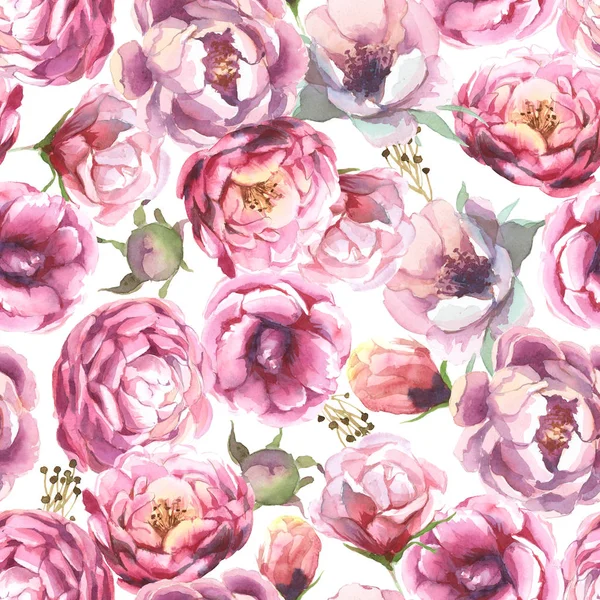 Seamless pattern of watercolor blue and red peonies on white ba — Stock Photo, Image