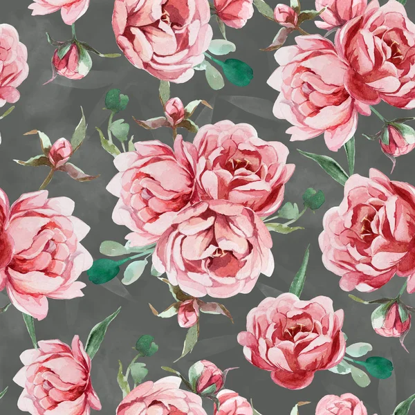 Suluboya, gül, pembe ve kırmızı peonies ve le sonsuz desen