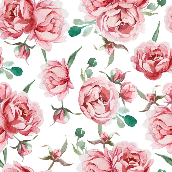 Seamless pattern of watercolor pink, rose, and red peonies and l — Stock Photo, Image