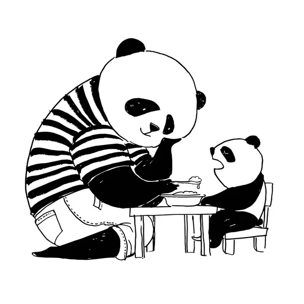 Far panda i svart och vit t-shirt utfodring hans lille son p — Stock vektor