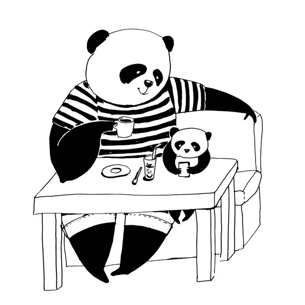 Far panda i svart och vit t-shirt som sitter på café och dri — Stock vektor